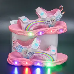 Disney Children's Casual Shoes Led Lights Women Summer Girls' Sandals Children Princess Elsa Girls' Beach Pink Shoes Size 22-37