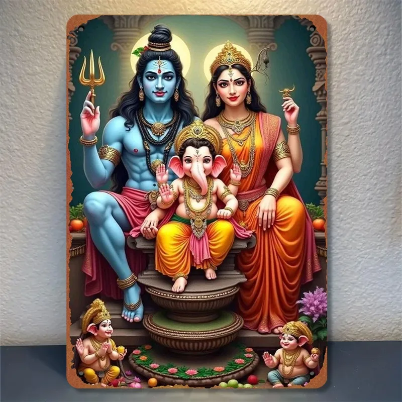 Shiva Family Wall Art, Vibrant Religious Aluminum Metal Sign with Lord Shiva, Parvati & Ganesha, Gift, Shiva Wall Art, 2D Flat