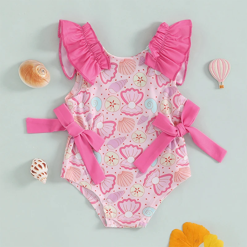 

Fashion Toddler Girl Summer Tank Swimsuit Shell Print Romper Sleeveless U-Neck Bathing Suit Ruffled Beachwear Swimmng Clothes