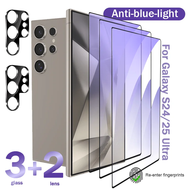 

5in1 for Samsung Galaxy S26 S25 S24 Plus Ultra Edge Blue Light Blocking Tempered Glass Screen Protector kit - Eye Protection