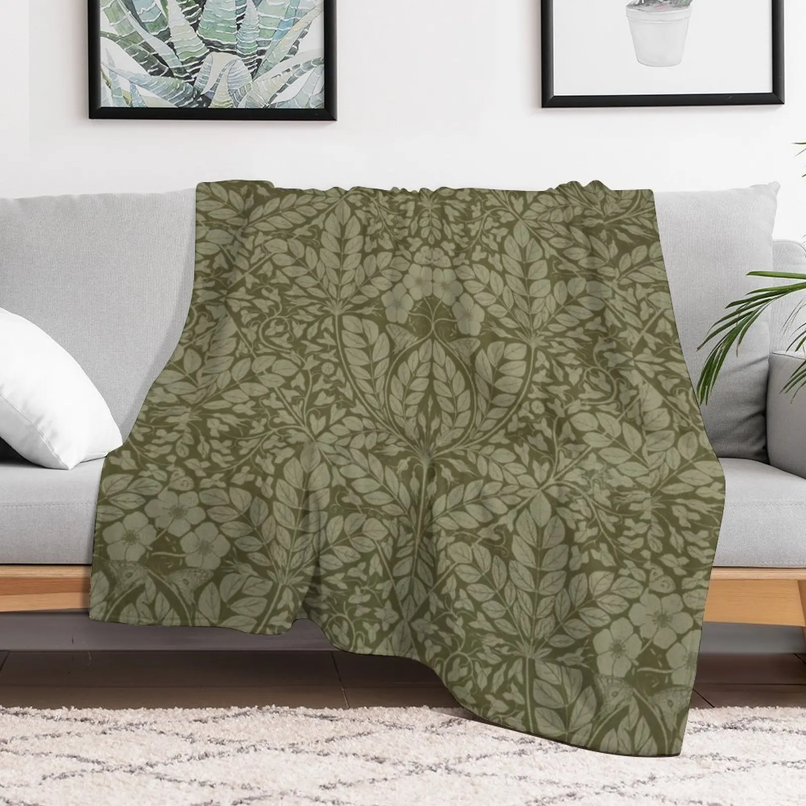 Olive green floral vintage Throw Blanket