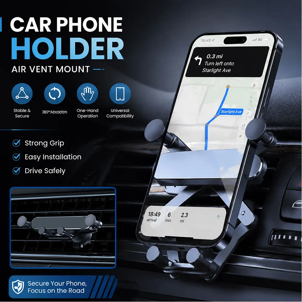 Gravity Car Phone Holder Air Vent Mount 360° Rotatable Auto Vent Phone Stand Smartphone Support Stand Car Interior Accessories