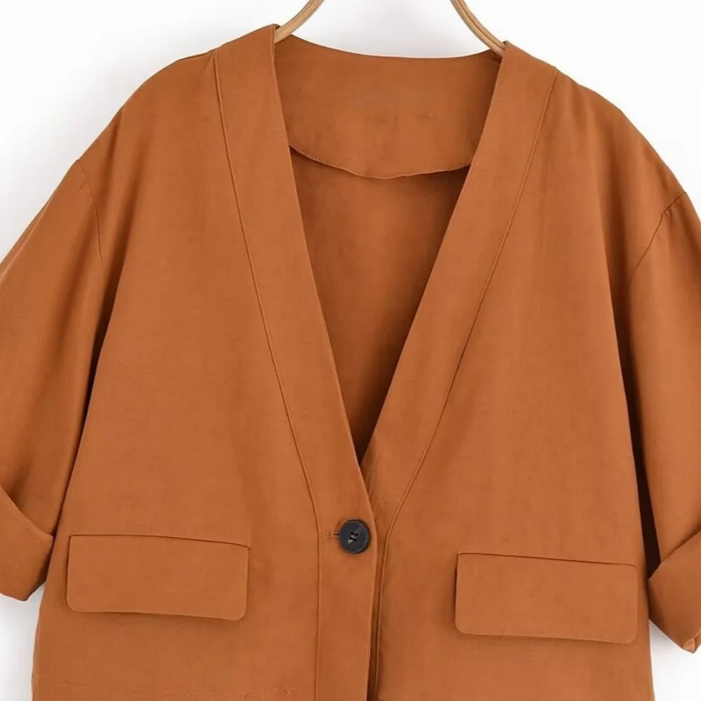 RARA2025 new summer women's casual simple sleeves can be rolled up long sleeves V-neck jacket top + wide-leg trousers