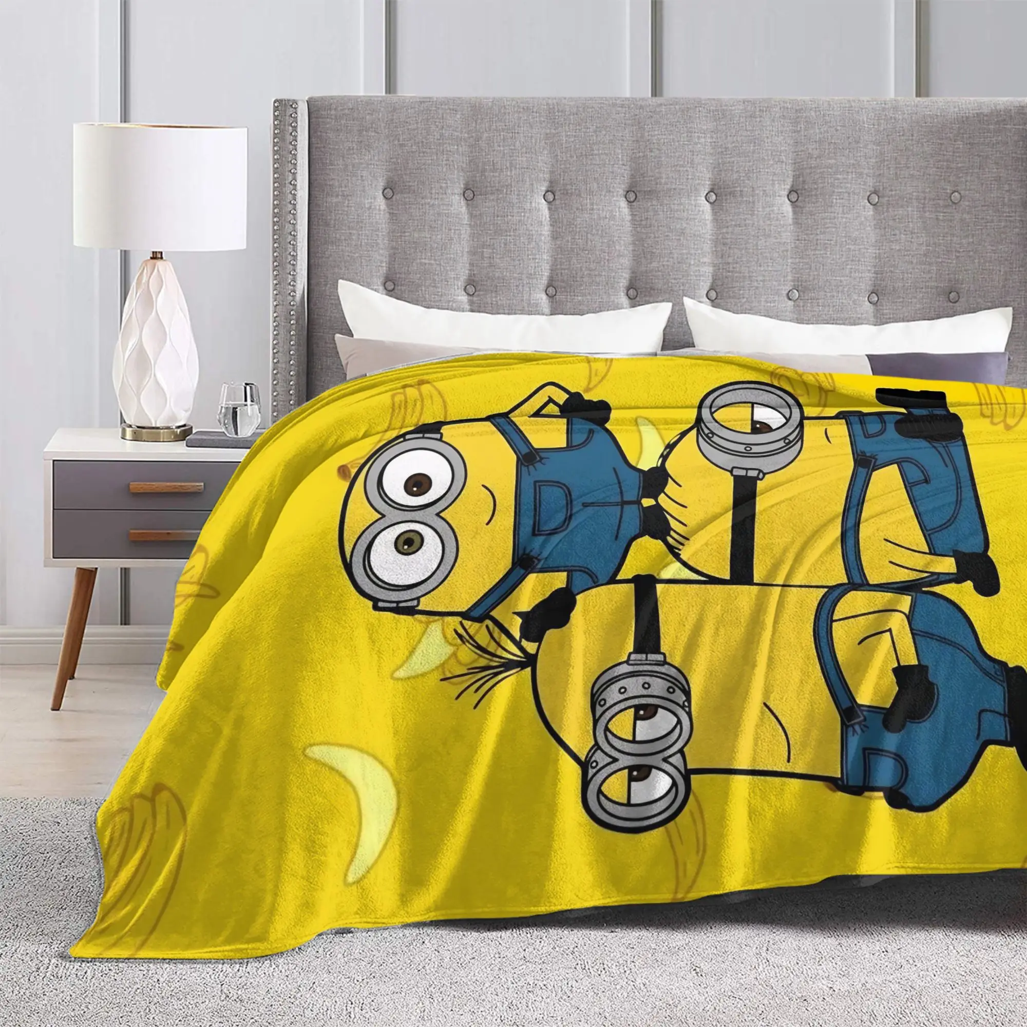 M-Minions-s Banana Cartoon Comedy Blankets Flannel Winter  Multi-function Warm Throw Blankets for Home Travel Plush Thin Quilt