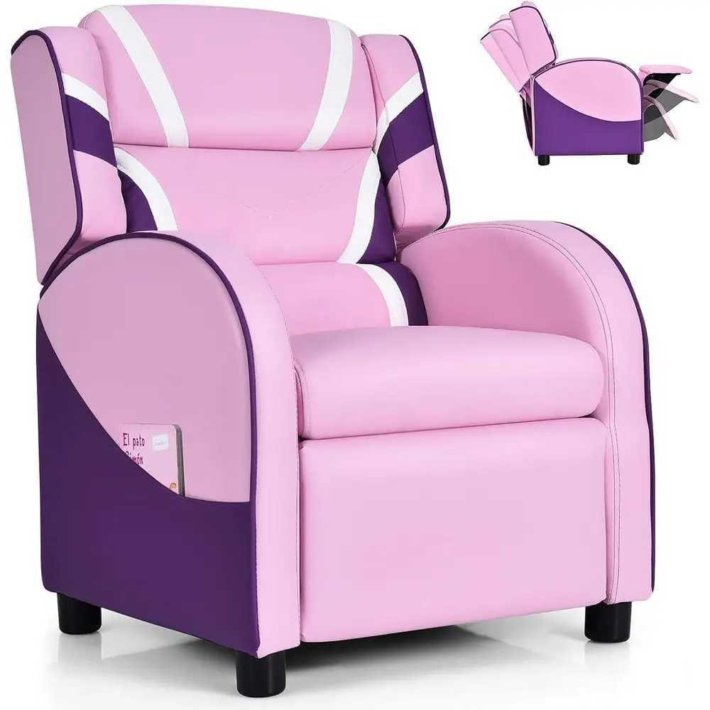 Ergonomic Pink Recliner Chair with Footrest, Lumbar Support, and Side Pockets for Kids and Gaming Rooms