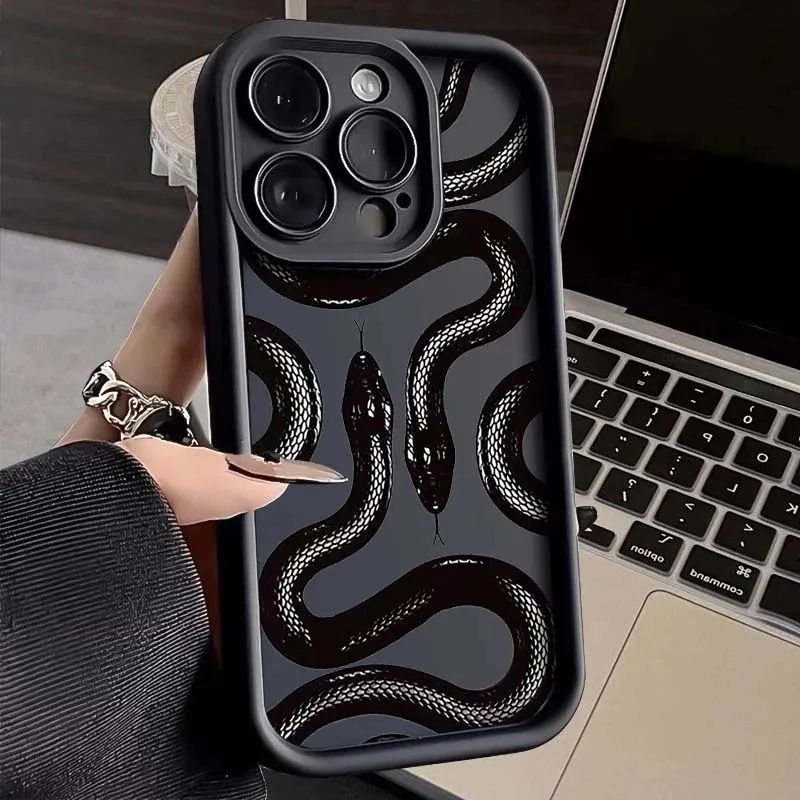 Cute Doodle Funny Snake Case for IPhone 14 13 12 11 15 Pro Max XS XR X 8 7 Plus SE2 IPones 14Pro 15Pro Matte Soft Silicone Cover