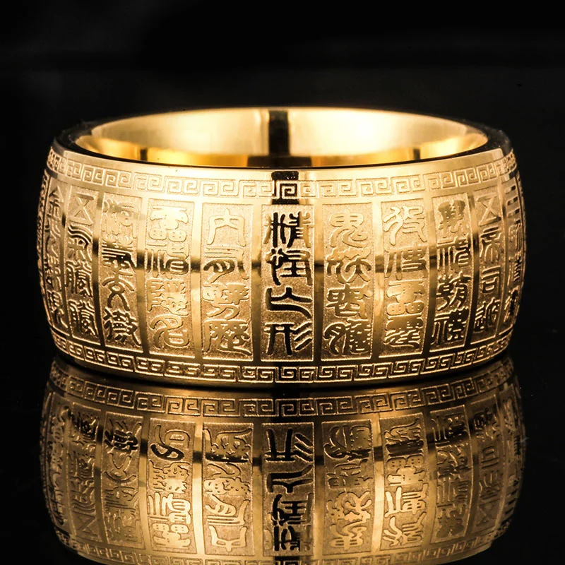 Men\'s Wide Supernatural Thumb Signet Ring Carved Ancient Chinese Buddha Scripture Rings For Men Solomon Taoism Metallica Ring