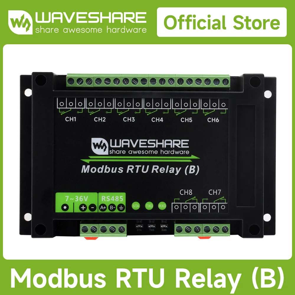 Modbus RTU Relay (B) Industrial Modbus RTU 8-ch Relay Module (B) with RS485 Interface, Multi Isolation Protection Circuits 7~36V