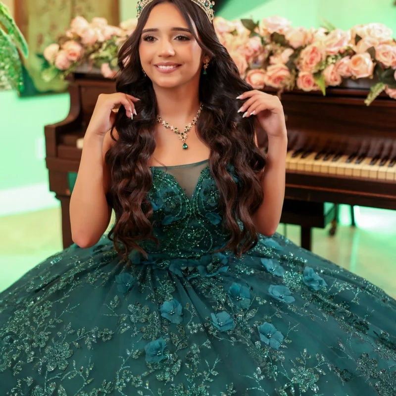 

Shiny Dark Green Quinceanera Dresses Off the Shoulder Sequin Decal 3D Flower Long tail Vestido De 15 Quinceanera Customize