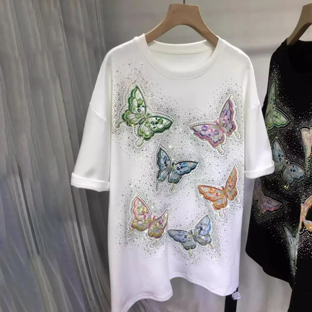 Women Shirt Women Solid Color T-shirt Elegant Embroidered Butterflies Women's Summer Tee with Hot Drill Decor Solid Color Short