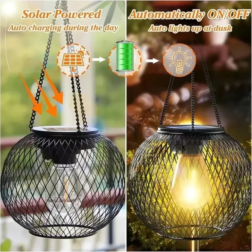 Waterproof Solar Lights Garden Ornaments Solar Lantern Iron Outdoor Spherical Hanging Minimalist Style for Gardening Decorative