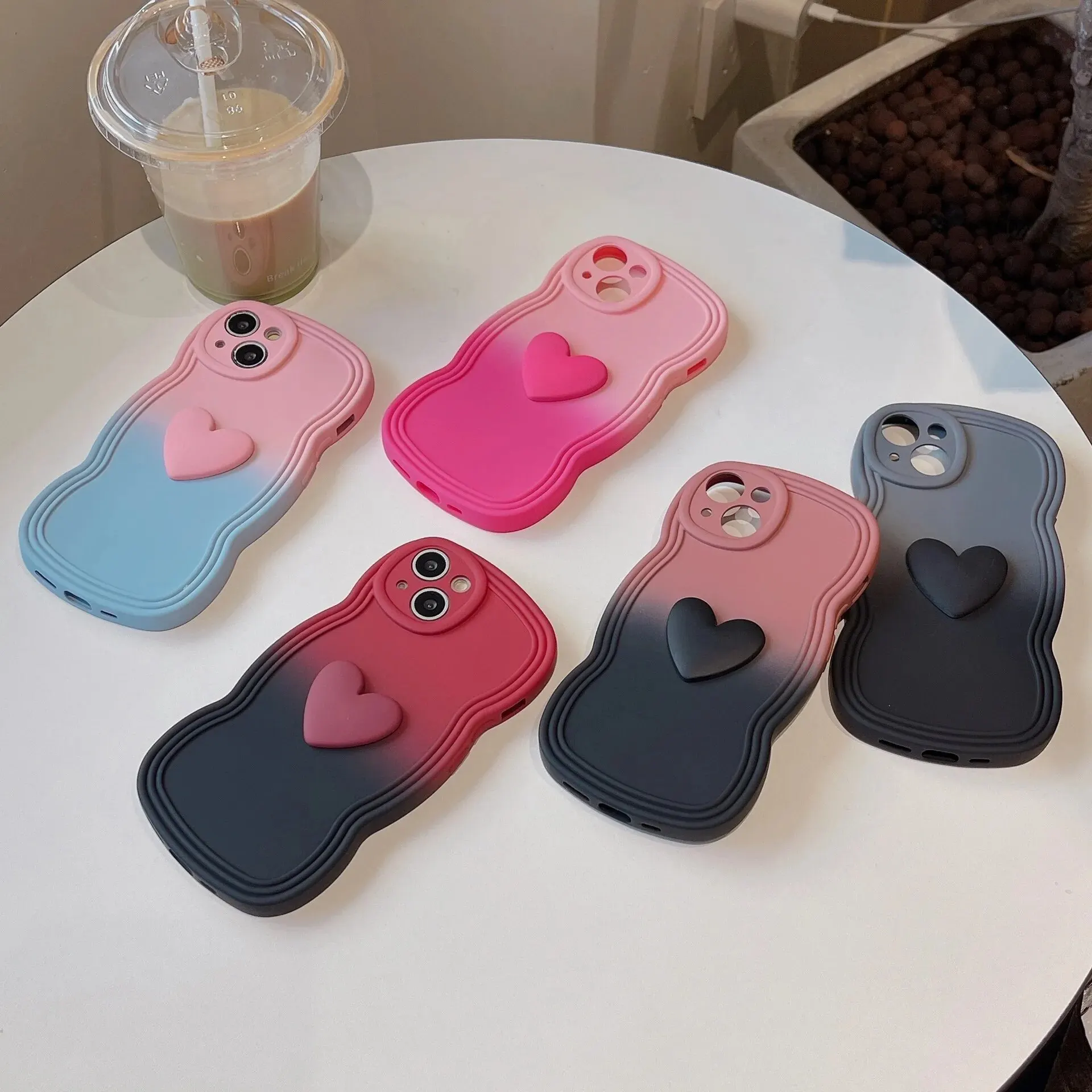 Cute 3D Love Heart Gradient Color Soft Silicone Phone Case For iPhone 15 14 13 12 11 Pro Max XR XS X 8 7 Plus SE Thickened Cover