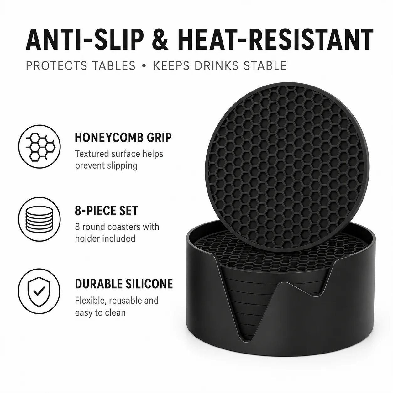 8 Pcs Silicone Coasters With Holder Honeycomb Drink Cup Mat Non Slip Heat Resistant Pad For Coffee Table Wooden Desk