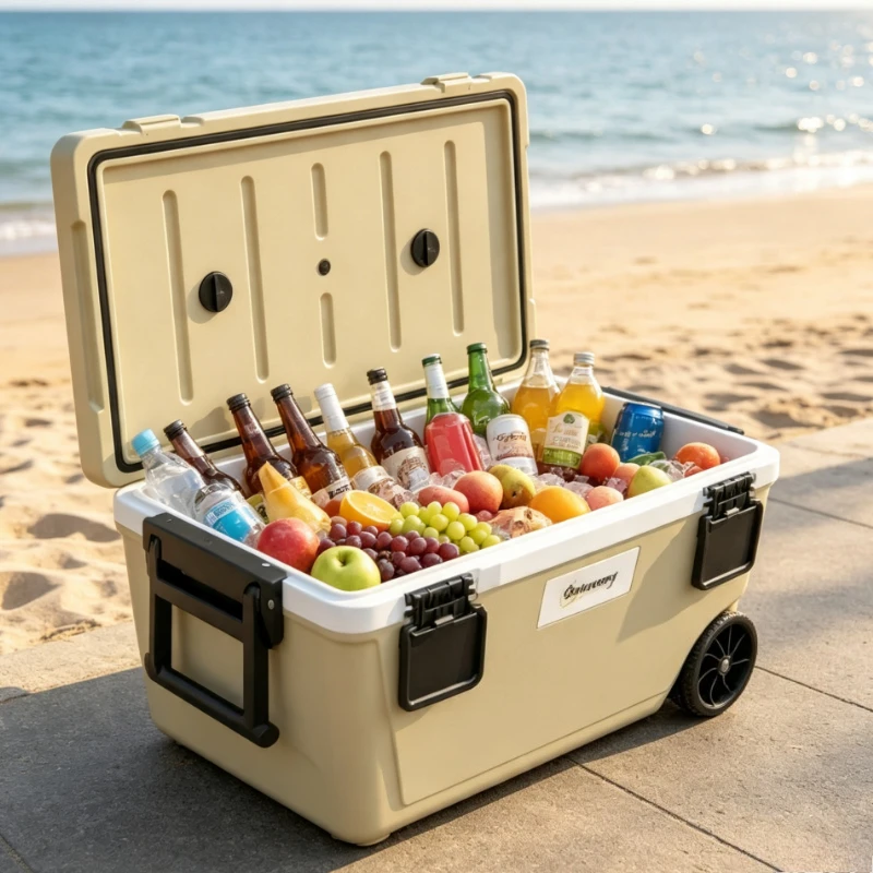Glacière isotherme 70L, grise, en mousse PU, avec roues, valve de vidange et poignée de traction, conteneur de refroidissement portable et durable pour le camping, les voyages en voiture, la pêche, les fêtes sur la plage et les activités familiales en plein air
