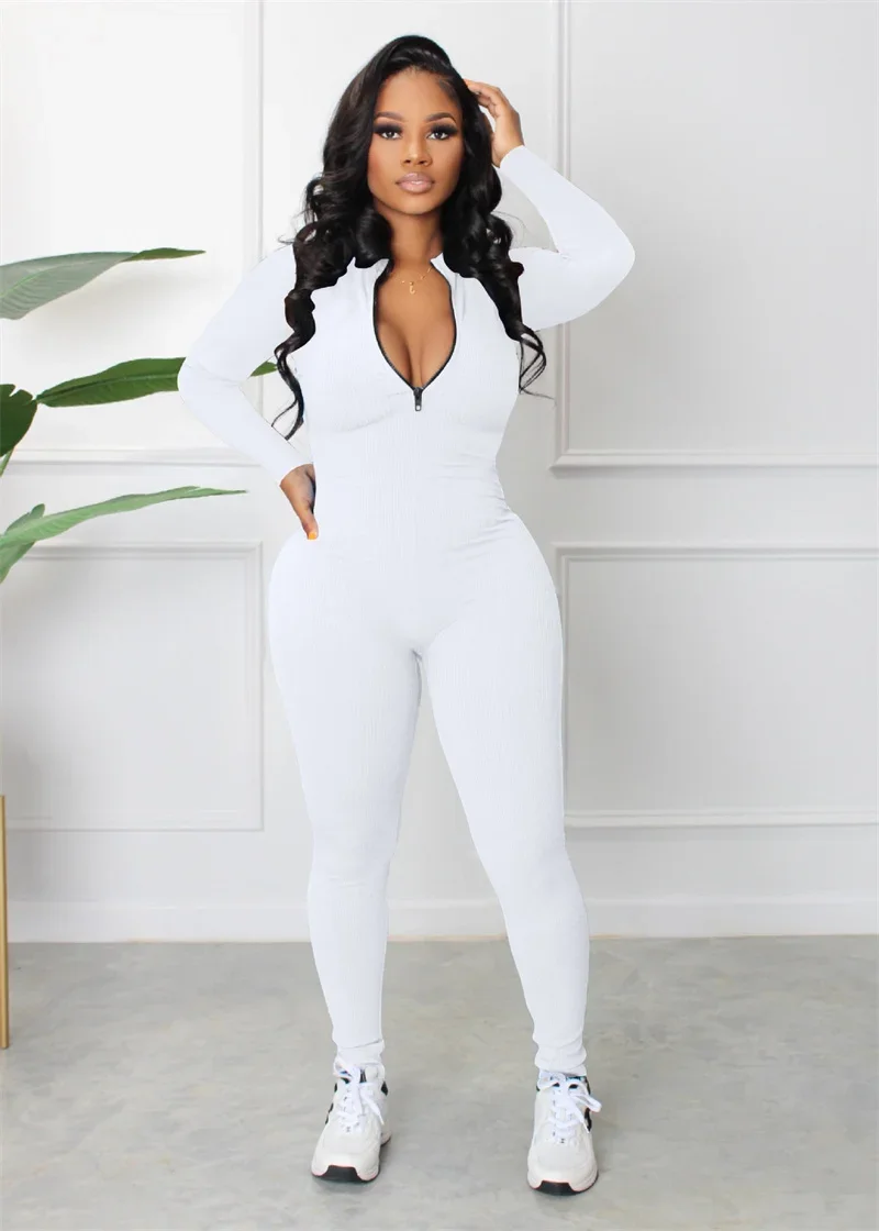 Women Solid Color Sports Jumpsuit 2023 Autumn Pit-stripe Fabric Slim Fit O Neck Zipper Splice Rompers Female Skinny Pencil Pants