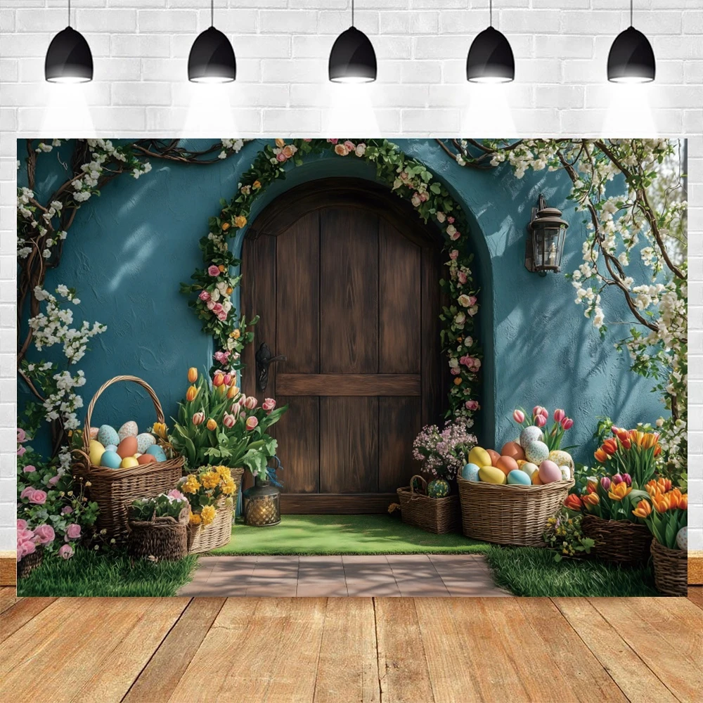 Retro Easter Photography Background Wooden Door Flower Floral Eggs Party Decor Kids Portrait Backdrop Photobooth Studio Props