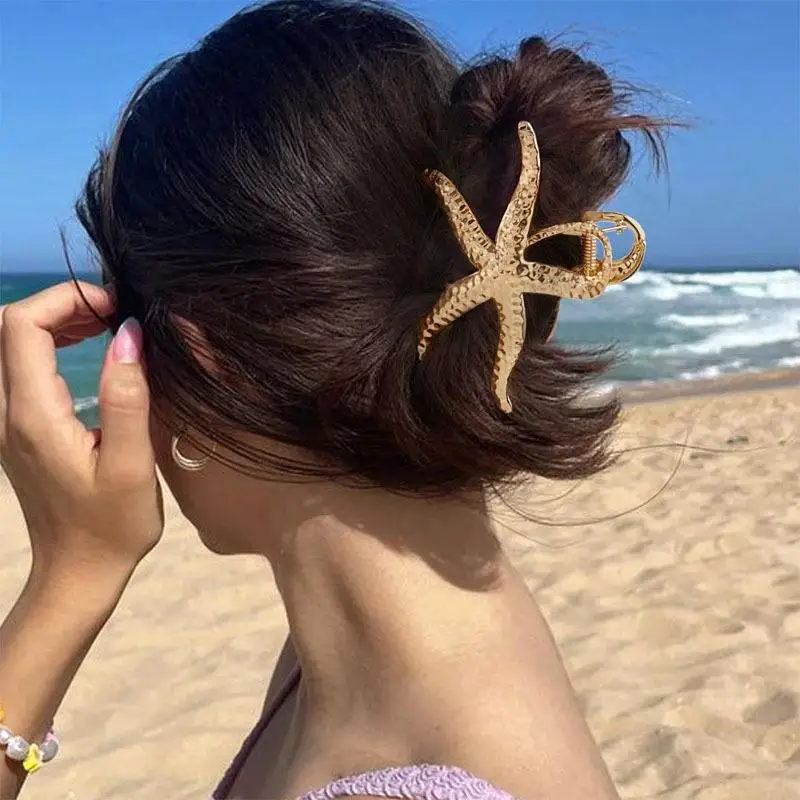 Starfish Pattern Hair Claw Clip Gold Textured Metal Ocean Style Hair Clamp for Women DIY Hairstyle Daily Makeup Use