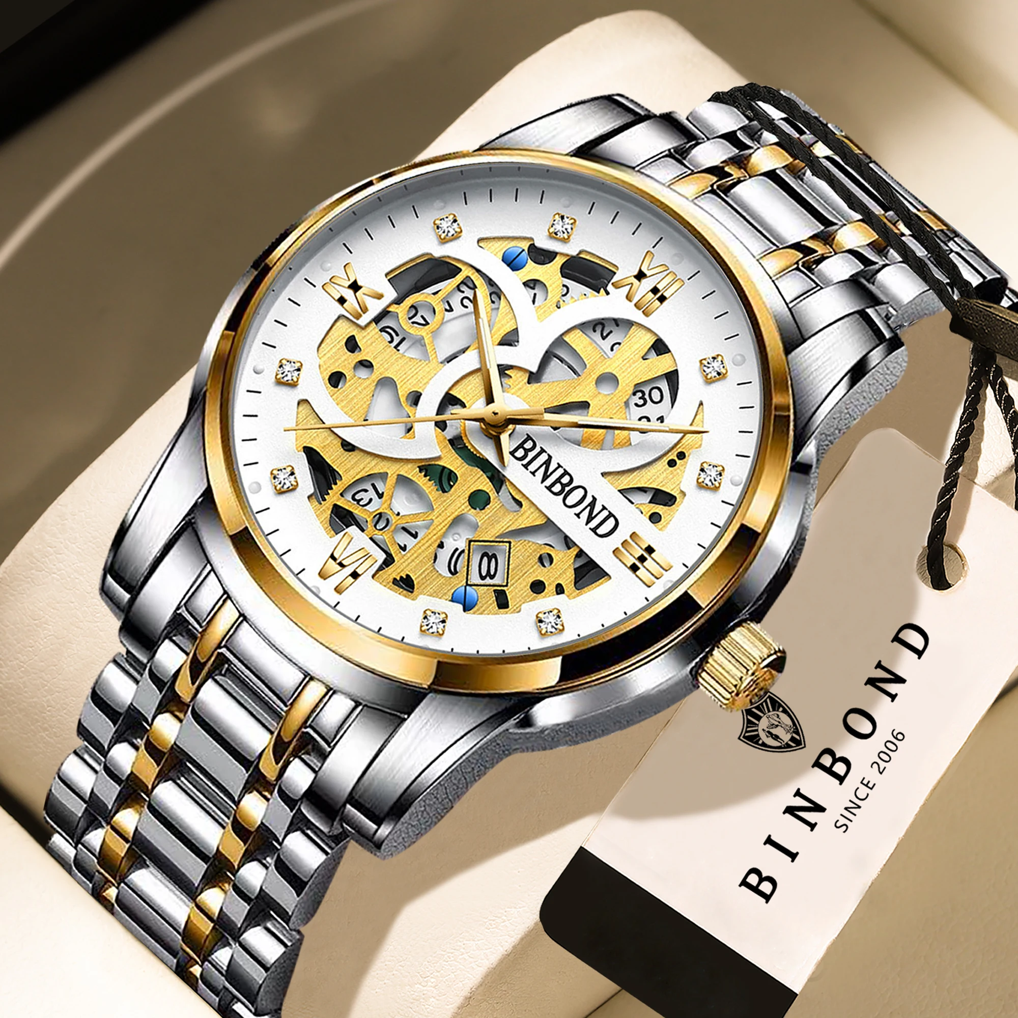 Montres à quartz précises et ajourées de la marque BINBOND pour hommes, luxe, lumineuses, étanches, avec date automatique, durables.