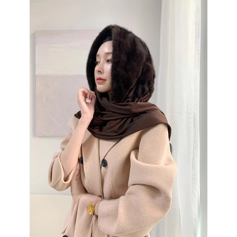 [Clearance one] Mink hat, mink scarf, integrated hat, whole mink fur, fur hat, shawl type