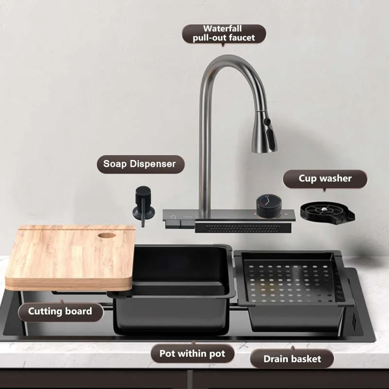 

(UUT)Кухонная мойка-водопад, пистолет, серый кухонный пистолет из нержавеющей стали, одна чаша с различными аксессуарами (80x45 см) EG