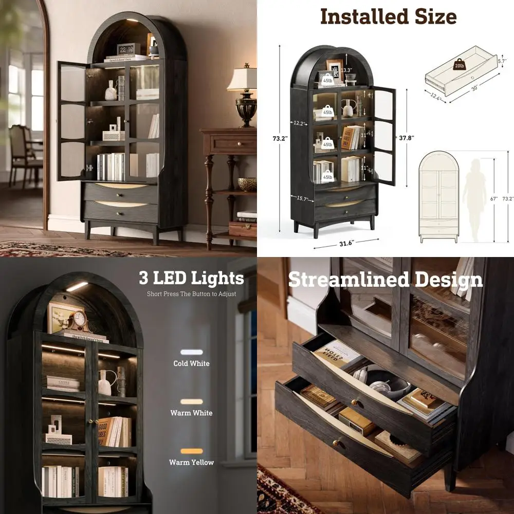 خزانة كتب مقوسة طويلة حديثة مكونة من 4 طبقات مع أبواب زجاجية وأضواء LED وأرفف خشبية متينة للتخزين الأنيق #1
