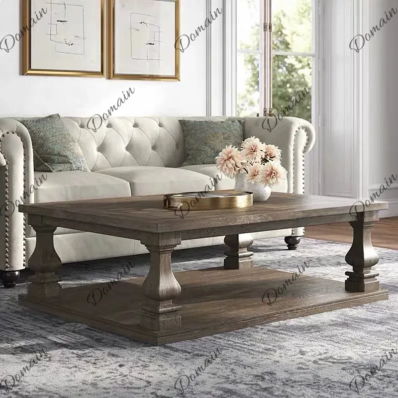 American Retro Solid Wood Two-Tier Coffee Table French Style Living Room Sofa Side Table Rustic Long Tea Table