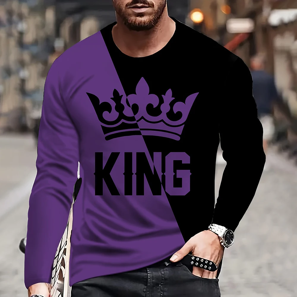 خمر الملك الملك مطبوعة الصيف الرجال جولة الرقبة تي شيرت عارضة طويلة الأكمام المتضخم تي شيرت الأزياء السترة الرجالية #4