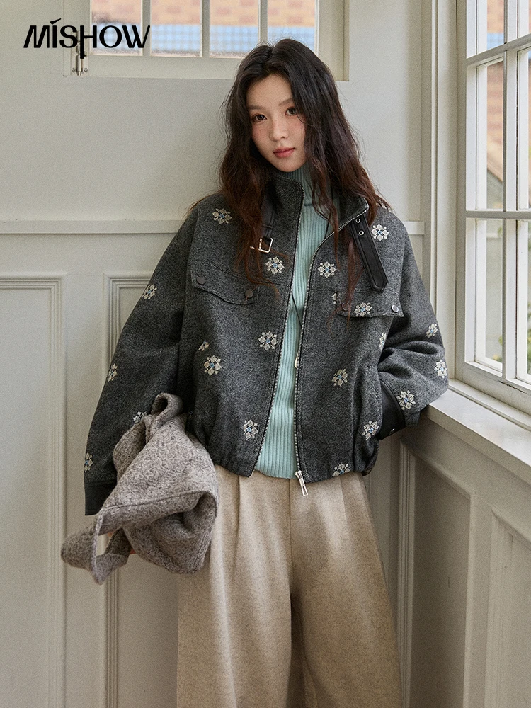 

MISHOW Women's Wool Blend Jacket 2025 Winter Retro Small Flower Embroidery Decorated Coat Turtleneck Zipper Jacket MXE86W0906