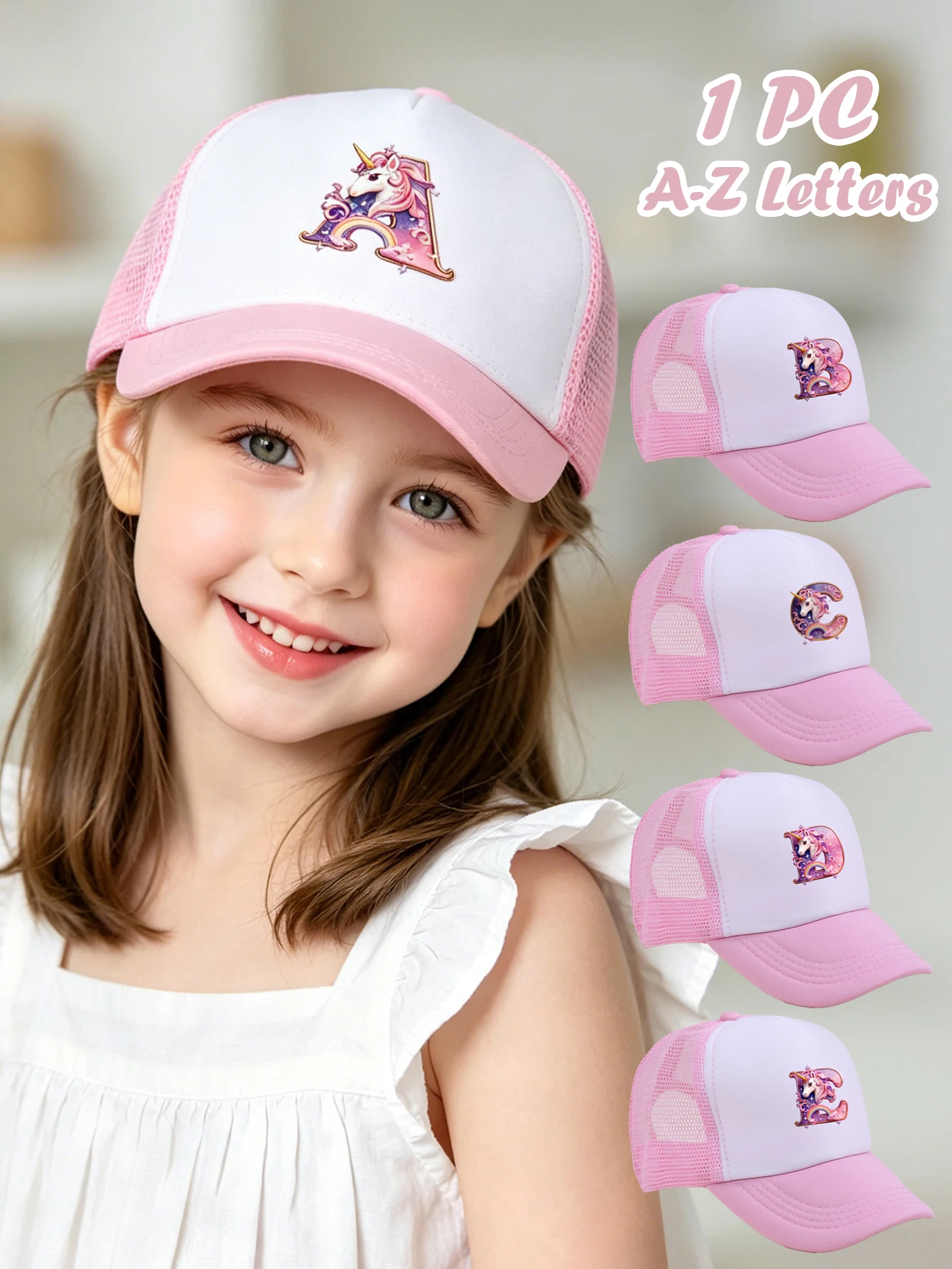 1 gorro rosa para bebé, gorra de béisbol ajustable para niños con letras de la A a la Z, diseño de unicornio arcoíris, sombrero transpirable para el sol para niños y niñas A