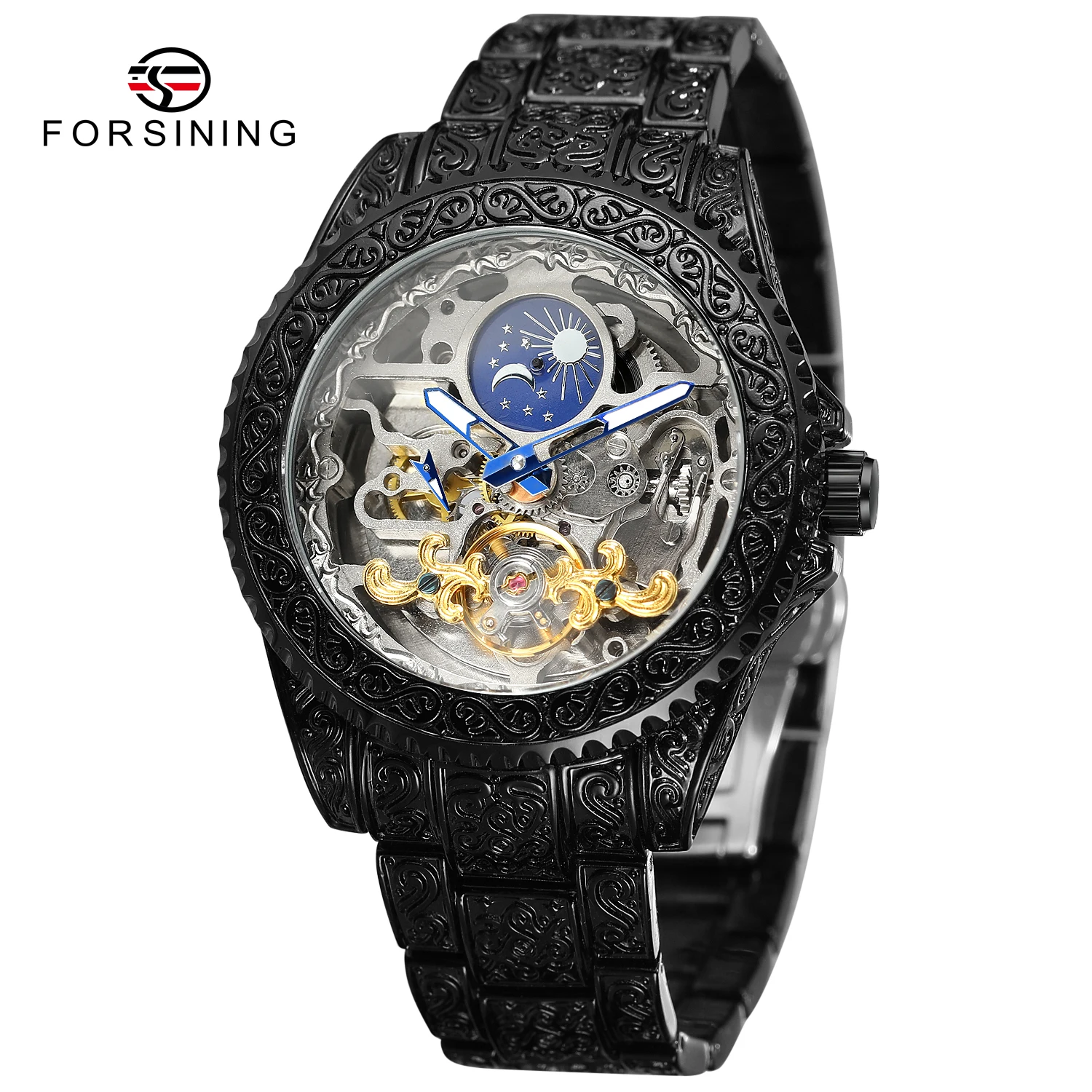 

FORSINING винтажные мужские часы с резьбой и фазой Луны, автоматические механические светящиеся роскошные модные наручные часы со скелетом из нержавеющей стали