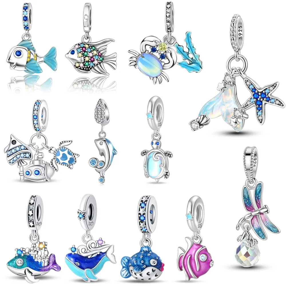 

Popular Ocean Colorful Cute Kissing Fish & Whale Dangle Charm Fits Original Bracelet Kids 925 Sterling Silver Necklac Pendant