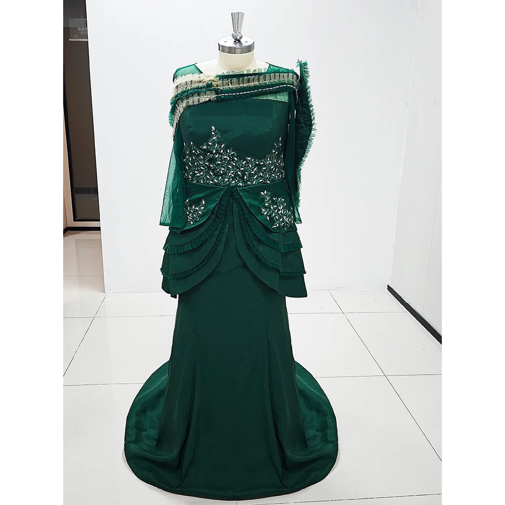 Groene Prom Jurk Vestido Verde Esmeralda Mermaid Kralen Applicaties Ruches Een Schouder Drie Kwart Mouw Formele Aso Ebi Jassen