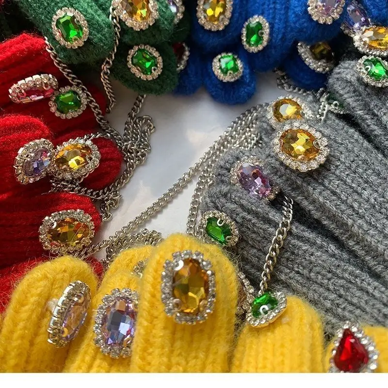 High Appearance Versatile Gloves Personalized Woolen Warm Gloves Autumn Winter Thick Diamond Gloves Chain Touch Screen Trendy