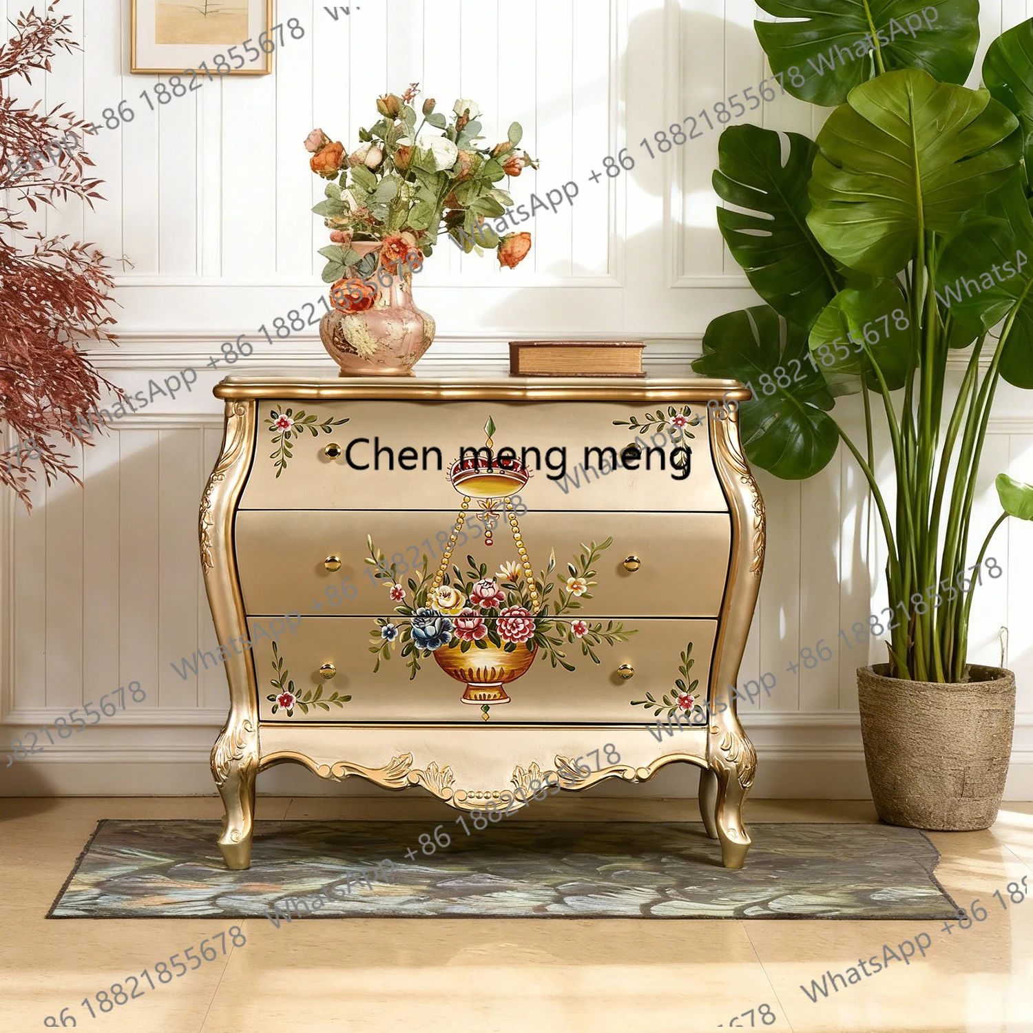 retro hand-painted three-bucket cabinet small apartment living room multi-layer storage corner champagne storage cabinet