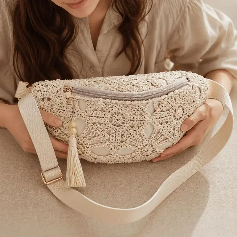 1 Stück Boho-Stil Spitzen-Gürteltasche und 1 Stück Quastenanhänger, Gehäkelte Gürteltasche, Boho Crossbody-Gürteltasche, Beige Spitzen-Umhängetasche für Damen, Musikfestival-Spitzen-Gürteltasche – Detail 3