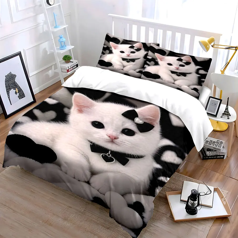 Cute White cat with black and white hearts Bedding Set for Kids Luxury Gift 3pcs Digital Print Comforter Set Soft Comfortable