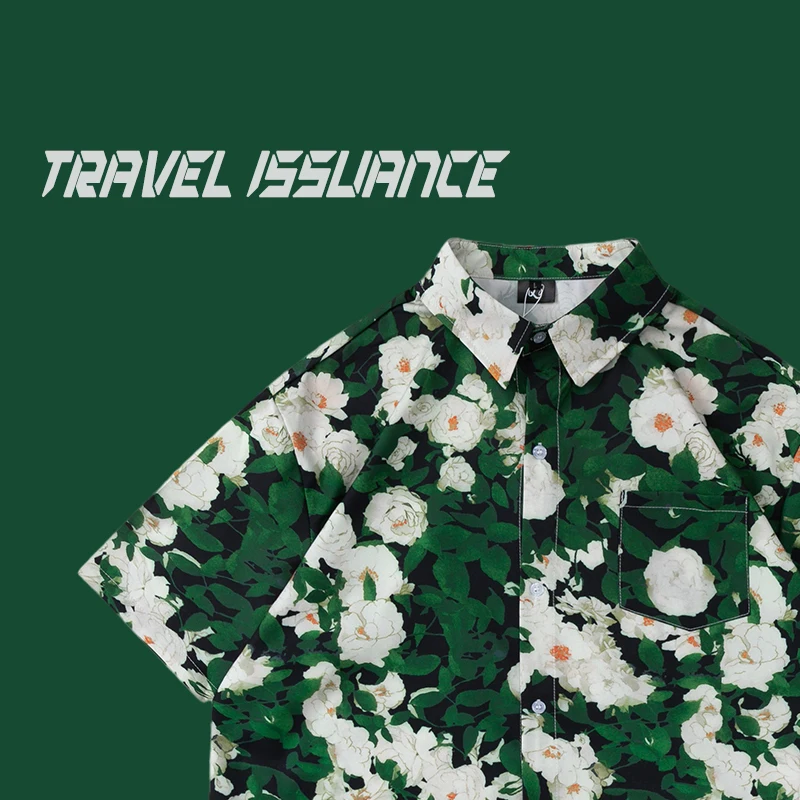 

Travel Issuance Vintage Green Oil Painting Flower Lazy Style Casual Artistic Short Sleeve Shirt Loose Fit Summer Menswear