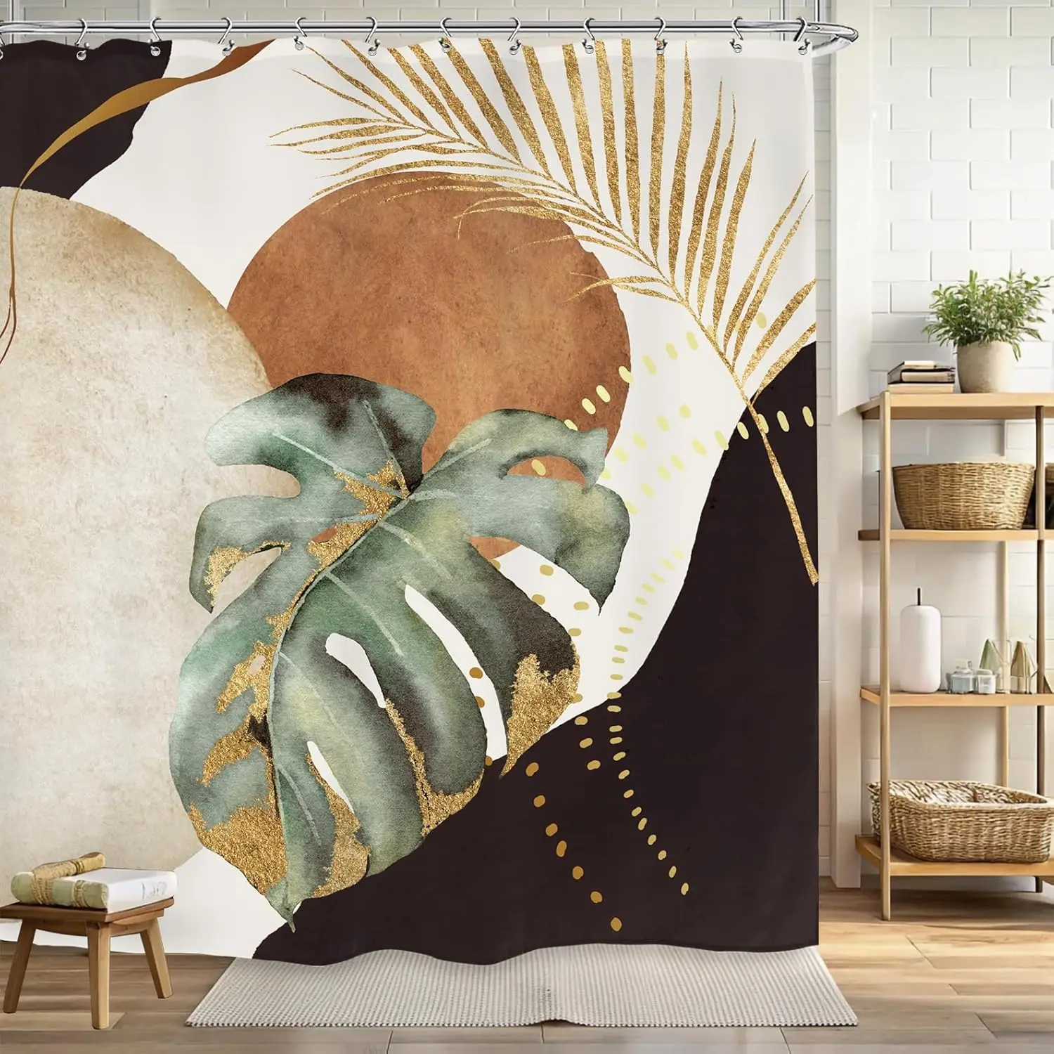 

Abstract Terracotta Circle Gold Palm Leaf Monstera Boho Modern Art Print Decorative Shower Curtain