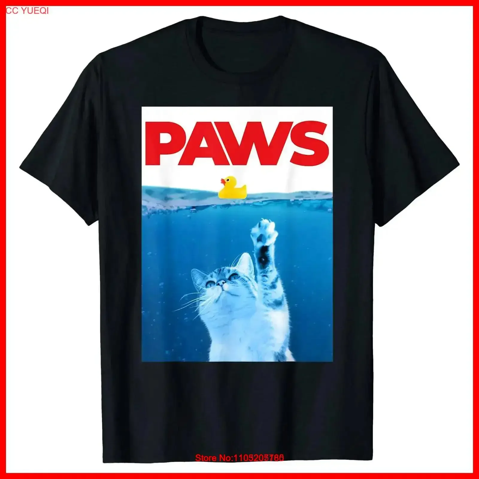 PAWS Cat And Yellow Rubber Duck Cute Kitten Funny Parody Black T Shirt S 5XL vintage Washed Soft streetwear Unisex Breathable