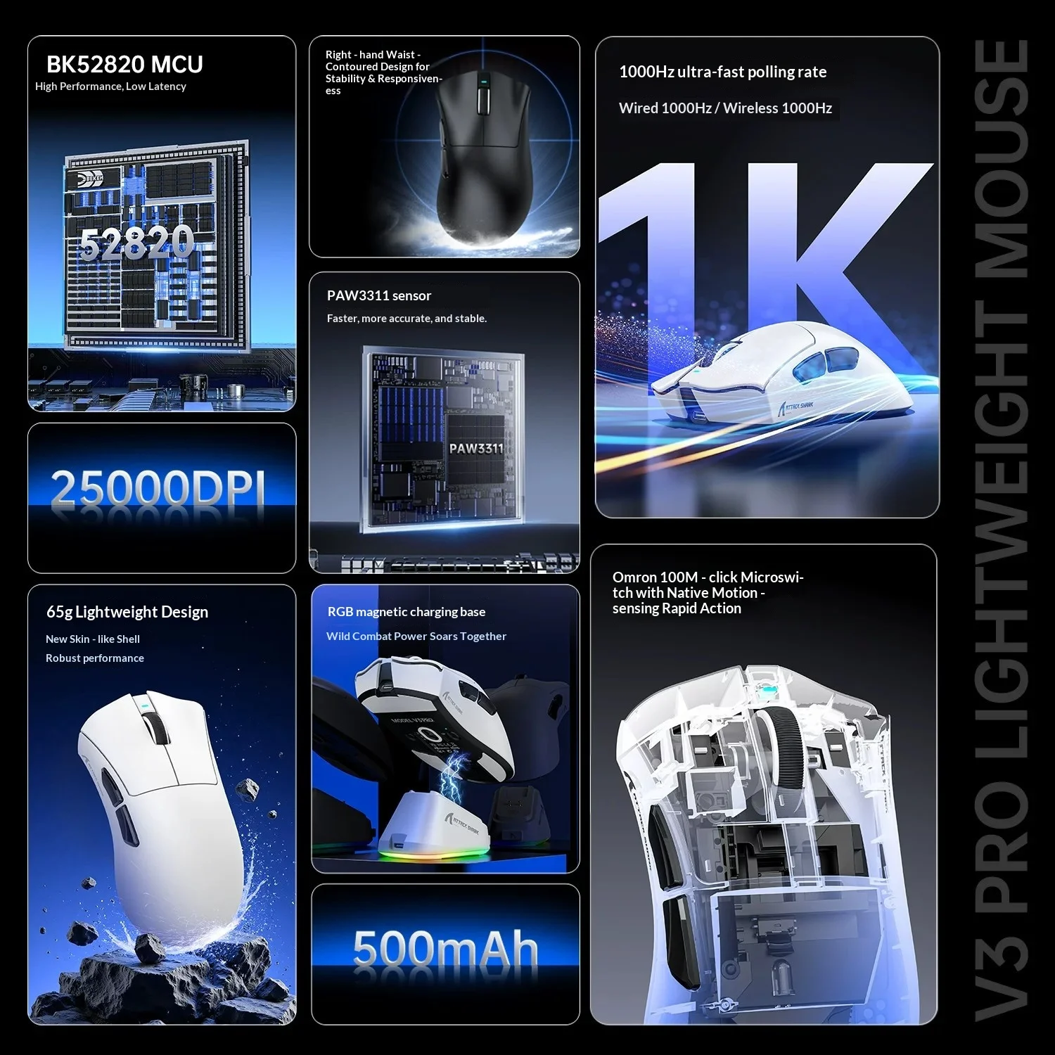 Attack Shark V3 PRO Wireless Bluetooth Lightweight Gaming Mouse with RGB Charging Dock, Perfect for Delta Force FPS E-Sports