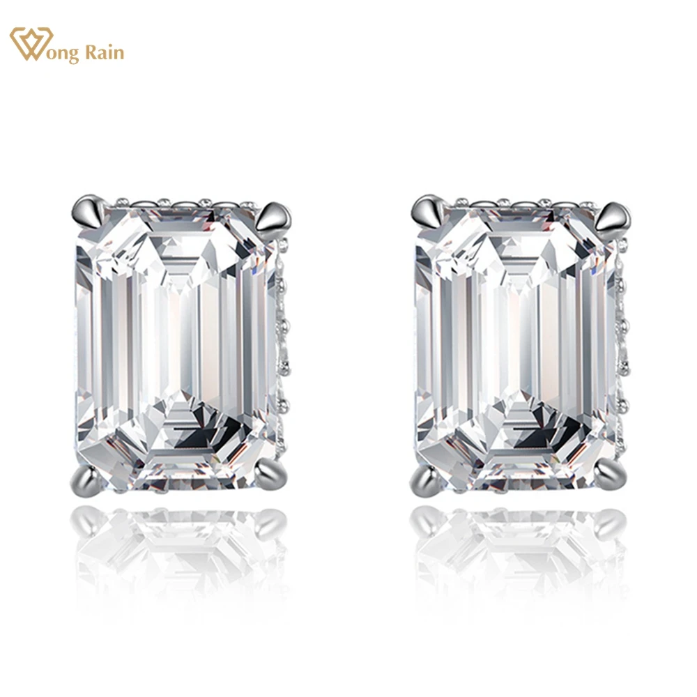 Wong Rain 100% 925 Sterling Silver VVS1 3EX D Color Emerald Cut 5*7 MM Real Moissanite Diamond Gems Studs Earrings Fine Jewelry