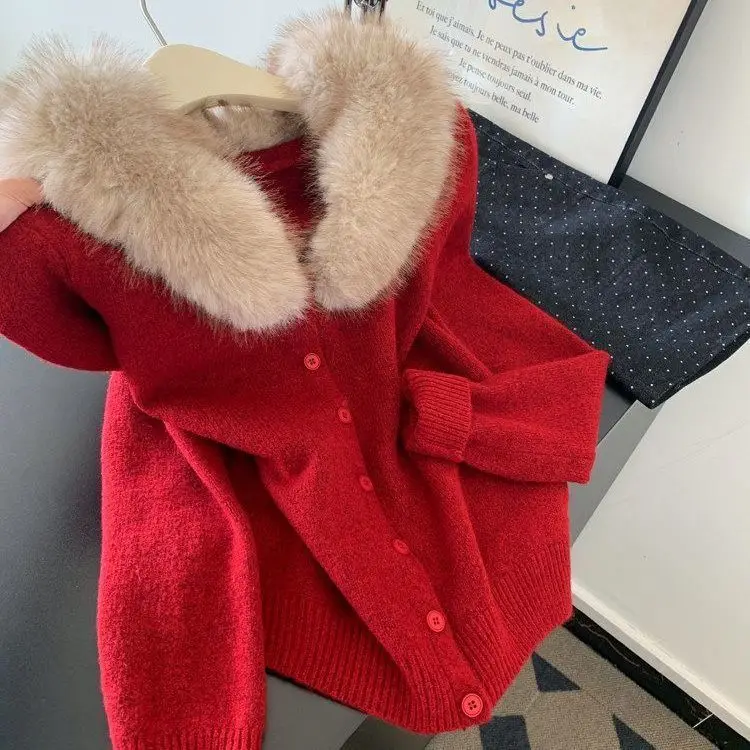 

Red loose long-sleeved knitted cardigan sweater jacket women's spring lazy style outside wearing Korean top small man