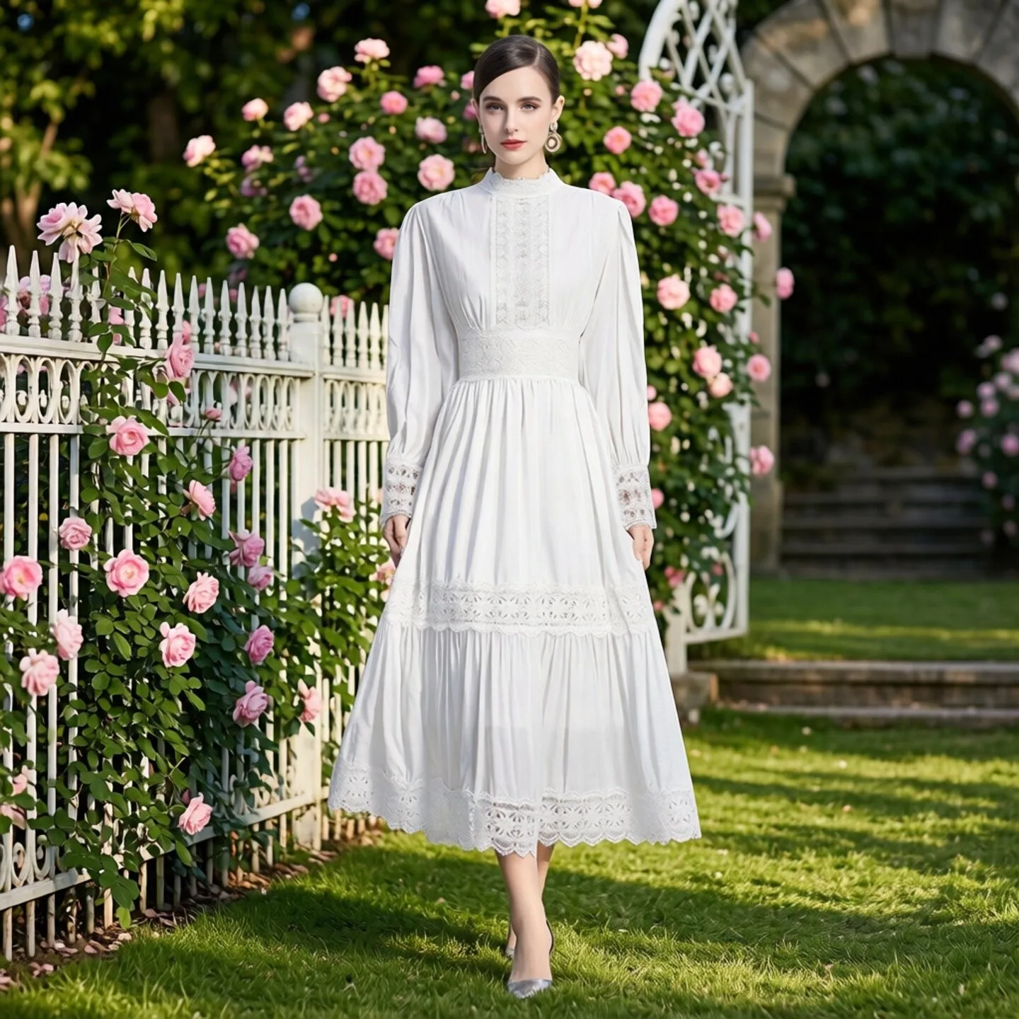 

Elegant European Court Style Lace Splice Long Dress Women's Beautiful Fairy White Gown with Stand Collar And Lantern Sleeves