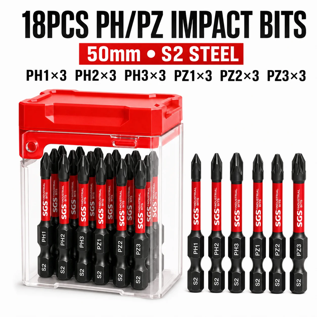 18-Piece Ph/Pz Impact Screwdriver Bit Set, 50mm S2 Steel 1/ 4inch Hex Shank, Ph1/Ph2/Ph3/Pz1/Pz2/Pz3 Drill Bits, Suitable for Electric Drills, Impact Drivers, Electric Screwdrivers, and Manual Bit Holders, for Removing and Installing Phillips and Star Screws, Furniture Assembly, Cabinet Installation, Woodworking, Appliance Repair, Automotive Interior Work, and Home DIY