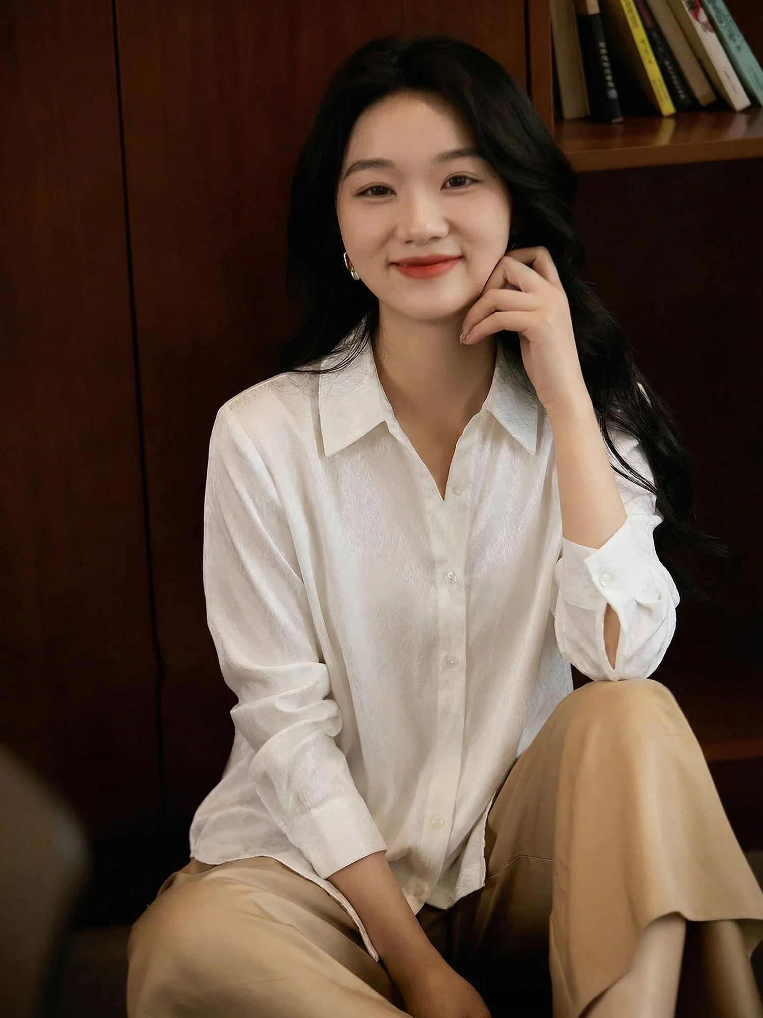 

Женская атласная блузка Ele с длинным рукавом, с воротником, базовый слой, повседневный прямой крой, из полиэфирного волокна, не требует глажки