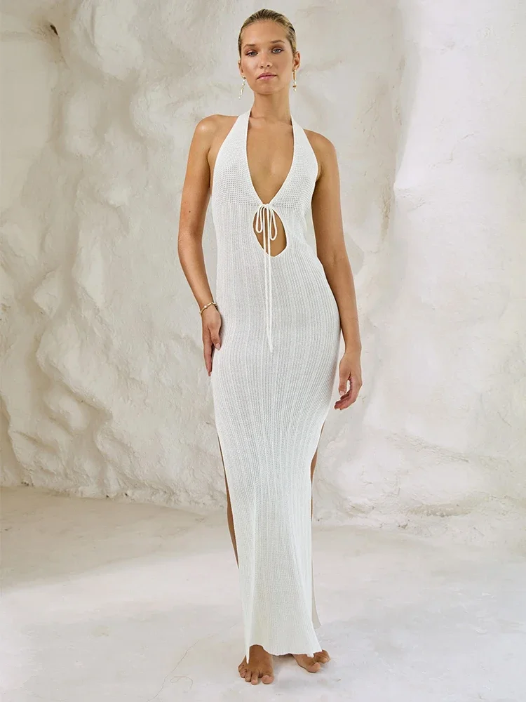 Sexy Backless White Knit Split Cut Out Halter Wrap Long Dress Women's Elegant Outfit Summer Beachwear Swimsuit Beachdress CQ1