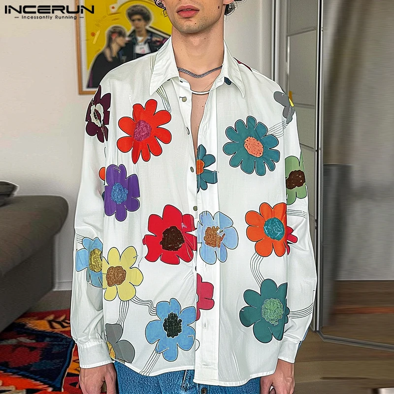 Fashion Casual Style Tops INCERUN 2024 New Men's Funny Colored Floral Blouse Handsome Male Loose Long Sleeved Lapel Shirts S-5XL