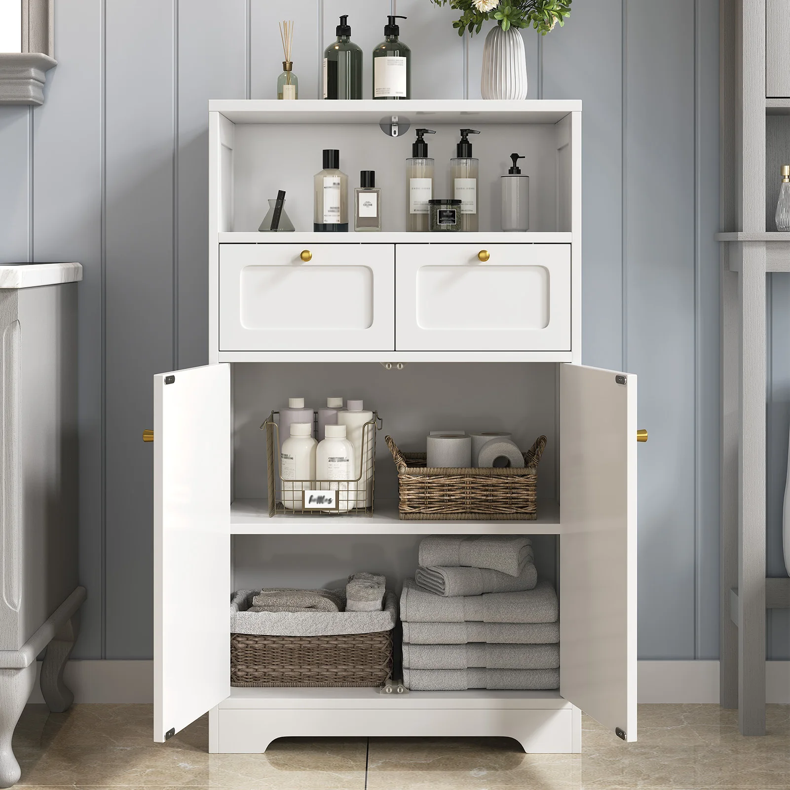 

Modern Floor Cabinet Bathroom Organizer Storage Cabinet Cupboard with Open Shelf Doors Drawers for Living Room Kitchen Office