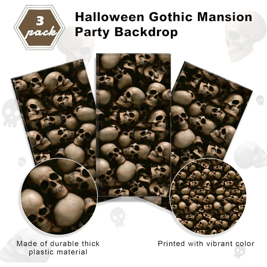 Toalha de mesa retangular de Halloween, 3 peças, tema de esqueleto de cemitério, 54x108 polegadas, superfície lisa à prova d'água, catacombas, sinal de caveira bac