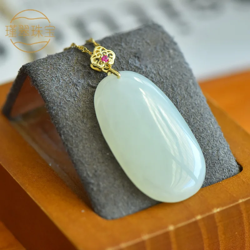 Women'S Handmade S925 Silver Inlaid Hetian Jade Oval Plain Silver Pendant New Ancient Style Jade Pendant